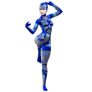 Sayborg robot kadın, fütüristik metalik neon elbise. Müsrif moda sanatı. Açık sözlü, provakatif bir poz veren kız..