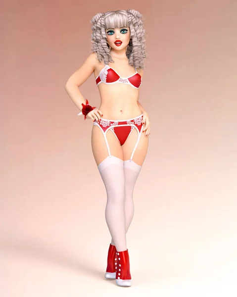 느릅나무 인형크고 Woman Cabaret Retro Style Red Bikini Garter Fish — 스톡 사진