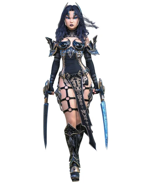 Guerreiro Amazon Mulher Metal Blade Long Escuro Hair Elven Warrior — Fotografia de Stock