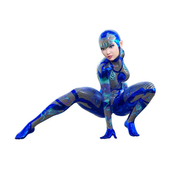 Cyborg Ρομπότ Γυναίκα Φουτουριστικό Μεταλλικό Νέον Κοστούμι Squama Armor Extravagant — Φωτογραφία Αρχείου