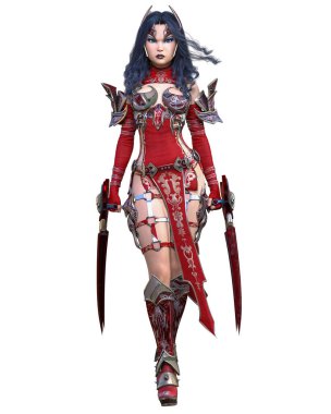 Savaşçı Amazon kadın metal bıçak. Uzun koyu renk saç. Komik kahraman. Kaslı atletik vücut. Agresif duruş gösteren kız.