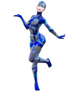 Sayborg robot kadın, fütüristik metalik neon elbise. Müsrif moda sanatı. Açık sözlü, provakatif bir poz veren kız..