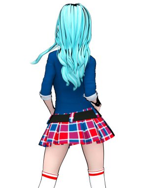 3D seksi anime kız Japon liseli kız büyük mavi gözler ve parlak makyaj. Etek kafesi. Çizim, karikatür, çizim, çizim, manga çizimi. Kavramsal moda sanatı.