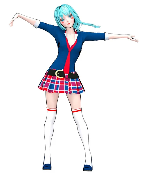 3Dセクシーアニメ人形日本の女子高生大きな青い目と明るいメイク スカートケージ スケッチ 漫画イラスト コンセプトファッションアート — ストック写真