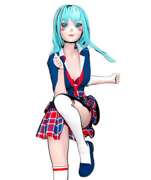 Sexy Anime Doll Japanese Schoolgirl Big Blue Eyes Bright Makeup — Stock Photo, Image