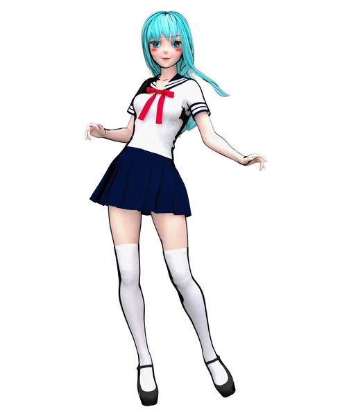 Sexy Anime Doll Japanese Schoolgirl Big Blue Eyes Bright Makeup — Stock Photo, Image