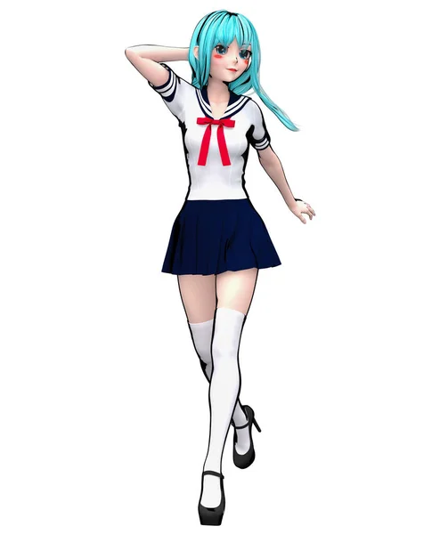 3Dセクシーアニメ人形日本の女子高生大きな青い目と明るいメイク コミックコスプレはこちら 漫画イラスト コンセプトファッションアート — ストック写真