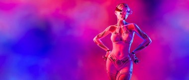 Kadın robot sanal gerçeklik gözlükleri. Beyaz metal droid. nöral ağlar. Yapay zeka. Kavramsal moda sanat 3D canlandırması. Renkli duman arka planı.