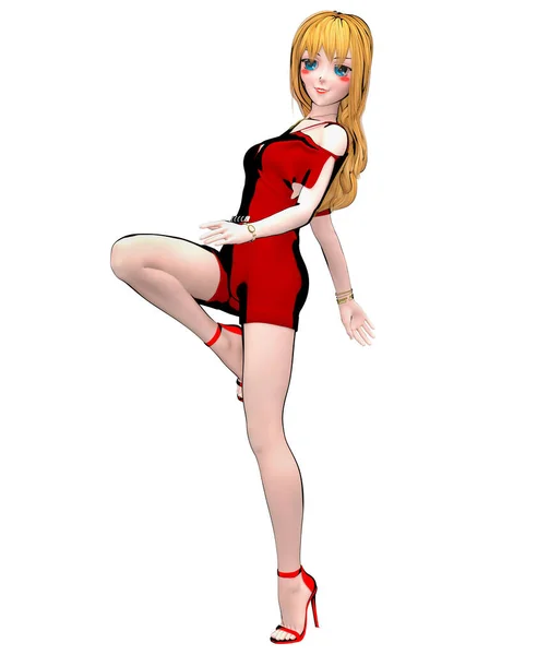 렌더링하는 애니메이션 여자큰 파란색 눈밝은 Red Jumpsuit Cartoon Comic Sketch — 스톡 사진
