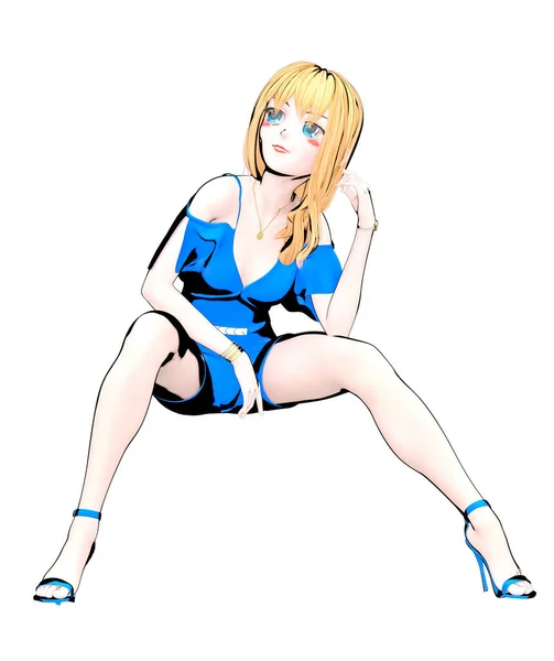 Render Sexy Anime Doll Japanese Girl Big Blue Eyes Bright — Stock Photo, Image