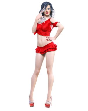 Güzel kadın kırmızı mini eteği. Parlak makyaj. Stüdyo fotoğrafı. Kavramsal moda sanatı. Baştan çıkarıcı pozlar..