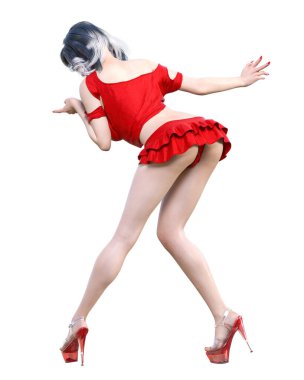 Güzel kadın kırmızı mini eteği. Parlak makyaj. Stüdyo fotoğrafı. Kavramsal moda sanatı. Baştan çıkarıcı pozlar..