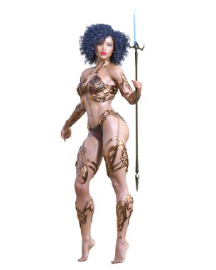 Kılıçlı savaşçı Amazon kadın. Uzun saçlı. Kaslı atletik vücut. Açık sözlü, kışkırtıcı bir duruş sergileyen bir kız. Kavramsal moda sanatı. 3D görüntüyü izole et. Merhaba anahtar..