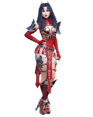 Savaşçı Amazon kadın metal bıçak. Uzun koyu renk saç. Komik kahraman. Kaslı atletik vücut. Agresif duruş gösteren kız.