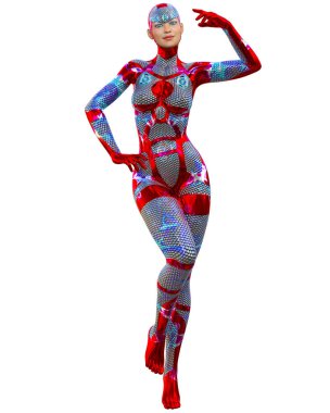 Sayborg robot kadın, fütüristik metalik neon elbise. Müsrif moda sanatı. Açık sözlü, provakatif bir poz veren kız..