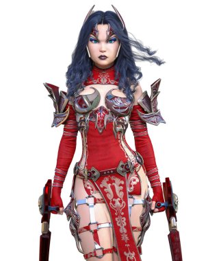 Savaşçı Amazon kadın metal bıçak. Uzun koyu renk saç. Komik kahraman. Kaslı atletik vücut. Agresif duruş gösteren kız.