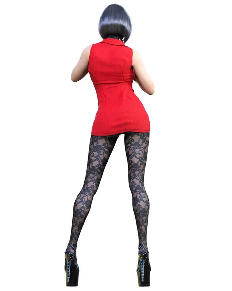 Beautiful Sexy Woman Red Super Mini Dress Black Tights Pantyhose — Stock Photo, Image