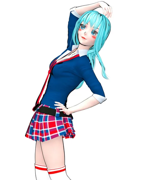 Sexy Anime Doll Japanese Schoolgirl Big Blue Eyes Bright Makeup — Stock Photo, Image