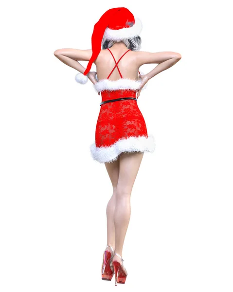 Joven Hermosa Santa Girl Short Rojo Sexy Vestido Festivo Transparente —  Fotos de Stock