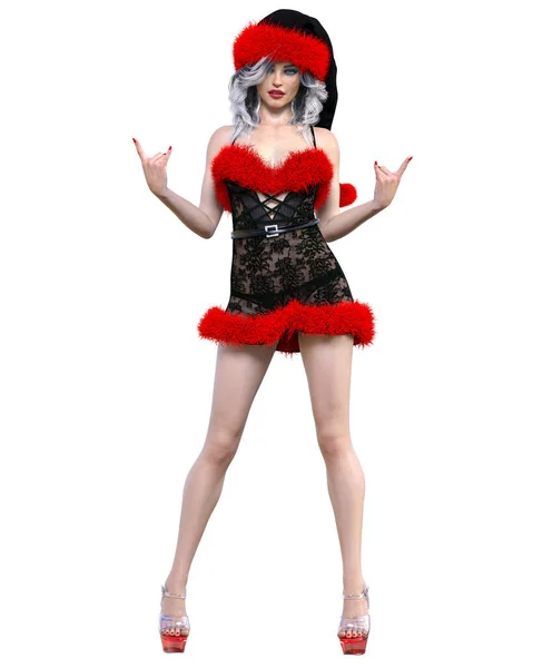 Junge Schöne Santa Girl Short Schwarz Sexy Transparent Festliches Kleid — Stockfoto