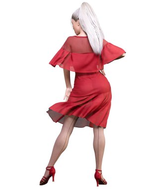 3D balerin klasik dans. Sarışın kız mavi gözler. Kırmızı elbise ve siyah çorap. Bale sokak dansı. Stüdyo fotoğrafı. Kavramsal moda sanatı..