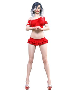 Güzel kadın kırmızı mini eteği. Parlak makyaj. Stüdyo fotoğrafı. Kavramsal moda sanatı. Baştan çıkarıcı pozlar..