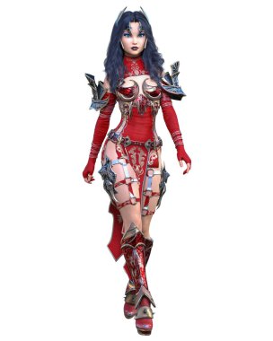 Savaşçı Amazon kadın metal bıçak. Uzun koyu renk saç. Komik kahraman. Kaslı atletik vücut. Agresif duruş gösteren kız.