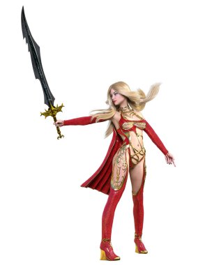 Kırmızı yağmurluklu, çizmeli ve kılıçlı savaşçı Amazon kadın. Uzun sarı saçlı. Kaslı atletik vücut. Açık sözlü, kışkırtıcı bir duruş sergileyen bir kız. Kavramsal moda sanat 3D izole resimleme.