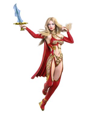 Kırmızı yağmurluklu, çizmeli ve kılıçlı savaşçı Amazon kadın. Uzun sarı saçlı. Kaslı atletik vücut. Açık sözlü, kışkırtıcı bir duruş sergileyen bir kız. Kavramsal moda sanat 3D izole resimleme.