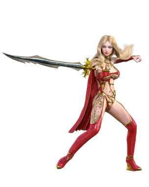 Kırmızı yağmurluklu, çizmeli ve kılıçlı savaşçı Amazon kadın. Uzun sarı saçlı. Kaslı atletik vücut. Açık sözlü, kışkırtıcı bir duruş sergileyen bir kız. Kavramsal moda sanat 3D izole resimleme.