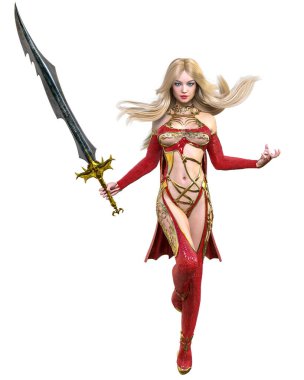 Kırmızı yağmurluklu, çizmeli ve kılıçlı savaşçı Amazon kadın. Uzun sarı saçlı. Kaslı atletik vücut. Açık sözlü, kışkırtıcı bir duruş sergileyen bir kız. Kavramsal moda sanat 3D izole resimleme.