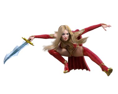 Kırmızı yağmurluklu, çizmeli ve kılıçlı savaşçı Amazon kadın. Uzun sarı saçlı. Kaslı atletik vücut. Açık sözlü, kışkırtıcı bir duruş sergileyen bir kız. Kavramsal moda sanat 3D izole resimleme.