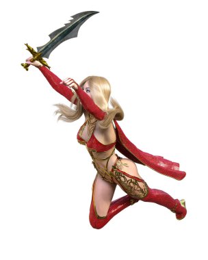 Kırmızı yağmurluklu, çizmeli ve kılıçlı savaşçı Amazon kadın. Uzun sarı saçlı. Kaslı atletik vücut. Açık sözlü, kışkırtıcı bir duruş sergileyen bir kız. Kavramsal moda sanat 3D izole resimleme.