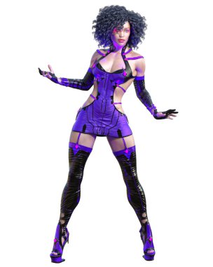 3D suikastçı Amazon kadın görüntüsü. Fütürist neon parıltısı kostümü. Çizgi film, çizgi roman, manga illüstrasyonu.