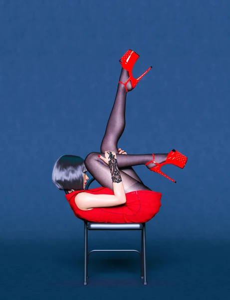 Beautiful Sexy Woman Red Super Mini Dress Black Tights Pantyhose — Stock Photo, Image