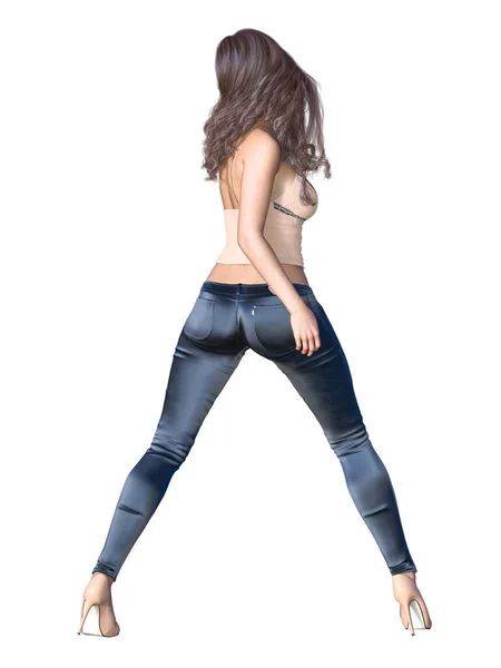 Menina Com Cabelos Longos Jeans Estiramento Preto Top Claro Menina — Fotografia de Stock