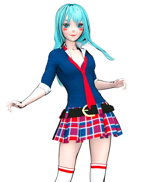3Dセクシーアニメ人形日本の女子高生大きな青い目と明るいメイク スカートケージ スケッチ 漫画イラスト コンセプトファッションアート — ストック写真