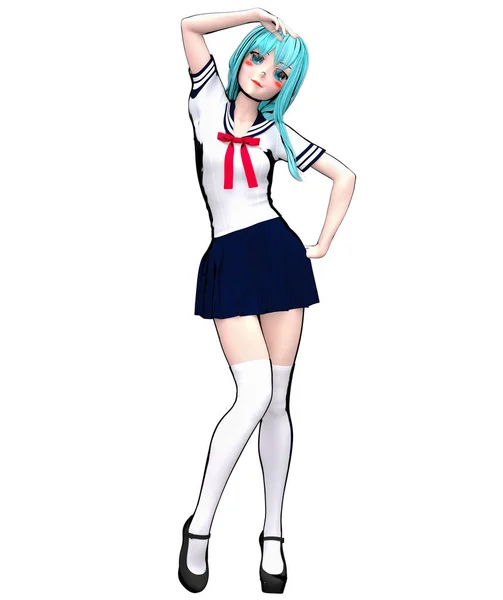 Szexi Anime Baba Japán Iskoláslány Nagy Kék Szem Fényes Smink — Stock Fotó