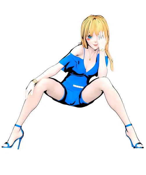 Vykreslení Sexy Anime Panenka Japonská Dívka Velké Modré Oči Jasný — Stock fotografie