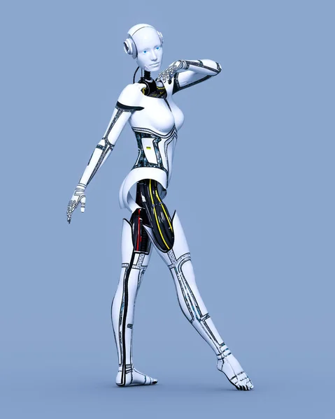 机器人女性 白色金属机器人 Android女孩 人工智能 网络磁力机械 神经网络 概念时尚艺术 3D渲染插图 工作室 高密钥 — 图库照片