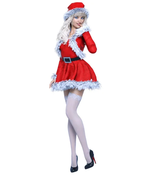 Junge Schöne Weihnachtsmädchen Kurzes Rotes Festkleid Fell Und Weiße Strümpfe — Stockfoto