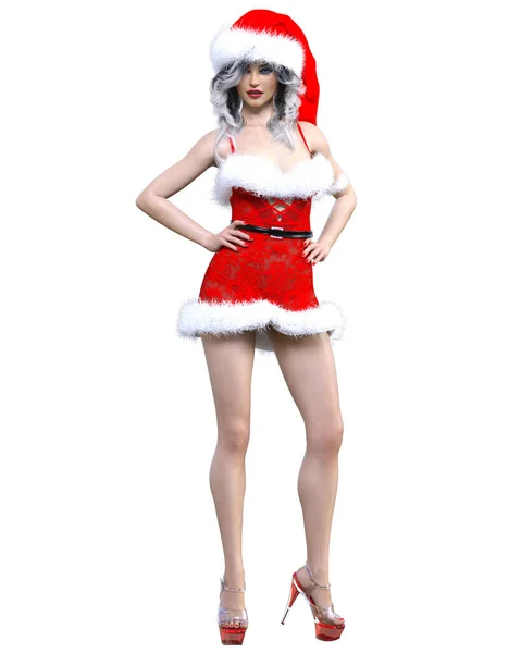 Young Beautiful Santa Girl Short Red Sexy Transparent Festive Dress — стоковое фото