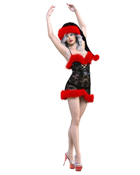 若い美しいサンタの女の子 ショートブラックセクシーな透明お祝いのドレス遠く ロングヘア 明るいメイク コンセプチュアルなファッションアート 3Dレンダリングは イラストを隔離します クリスマス — ストック写真