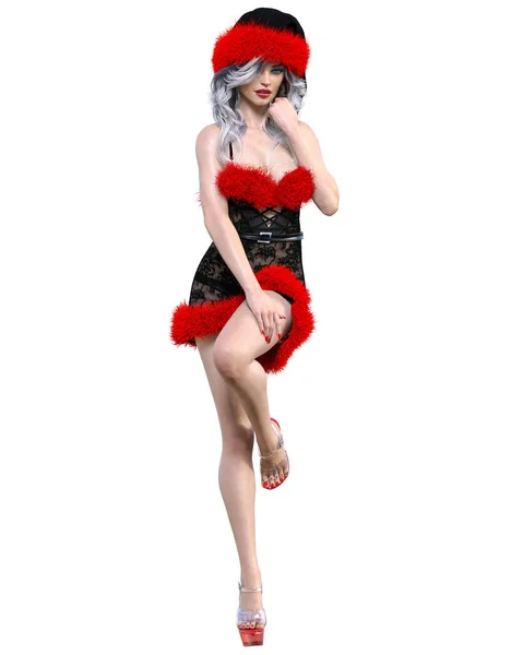 Junge Schöne Santa Girl Short Schwarz Sexy Transparent Festliches Kleid — Stockfoto