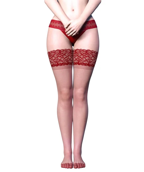 美しい長いスレンダーなセクシーな女性の足の赤いパンティーとストッキング 美しい下着コレクション — ストック写真