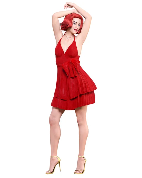 Mulher Ruiva Bonita Mini Dress Summer Vermelho Curto Roupas Collection — Fotografia de Stock