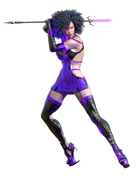 Assassin Warrior Amazon Woman Render Futuristic Neon Glow Costume Comic — Stock Photo, Image