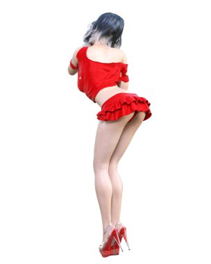 Güzel kadın kırmızı mini eteği. Parlak makyaj. Stüdyo fotoğrafı. Kavramsal moda sanatı. Baştan çıkarıcı pozlar..