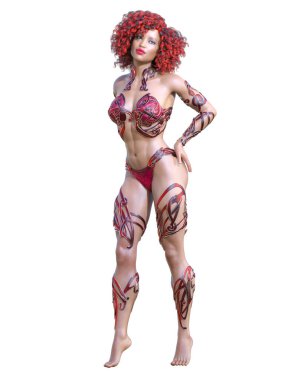 Savaşçı Amazon kadın. Uzun saçlı. Kaslı atletik vücut. Açık sözlü, kışkırtıcı bir duruş sergileyen bir kız. Kavramsal moda sanatı. 3D görüntüyü izole et. Merhaba anahtar..