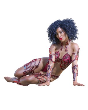 Savaşçı Amazon kadın. Uzun saçlı. Kaslı atletik vücut. Açık sözlü, kışkırtıcı bir duruş sergileyen bir kız. Kavramsal moda sanatı. 3D görüntüyü izole et. Merhaba anahtar..